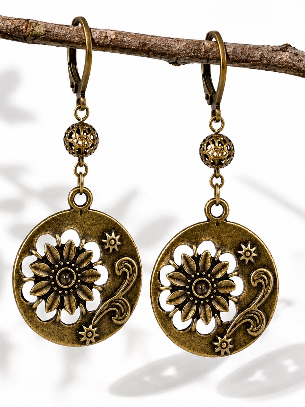 Vintage Floral Earrings Antique Bronze Boho Botanical Dangle Earrings